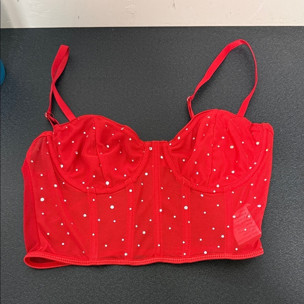 Red Longline corset Bra Top with Rhinestone Studs